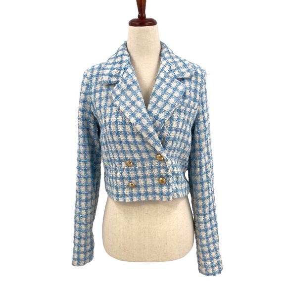 Jason Wu Blue Cropped Boucle Tweed Checkered Jacket Size 4 - Picture 1 of 5